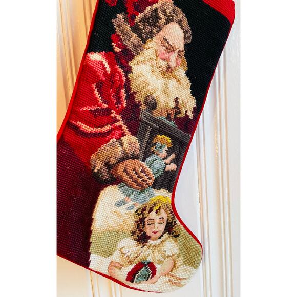 Vtg Needlepoint Christmas Stocking Old World Santa Little Girl 18” - Picture 3 of 5